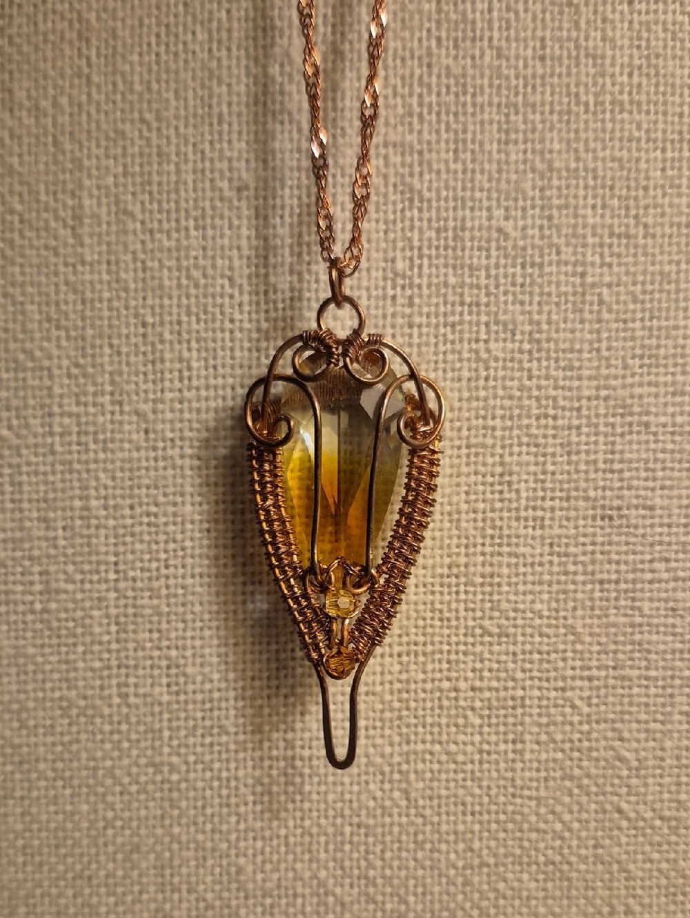 Handcrafted Amber Glass Pendant Necklace - Gold Tone